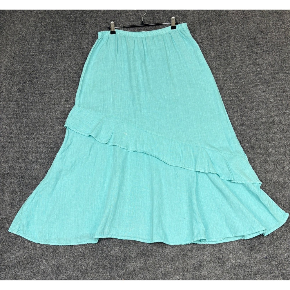 Match Point Linen Maxi Skirt Womens Small Turquoise Blue Ruffle Boho LS40